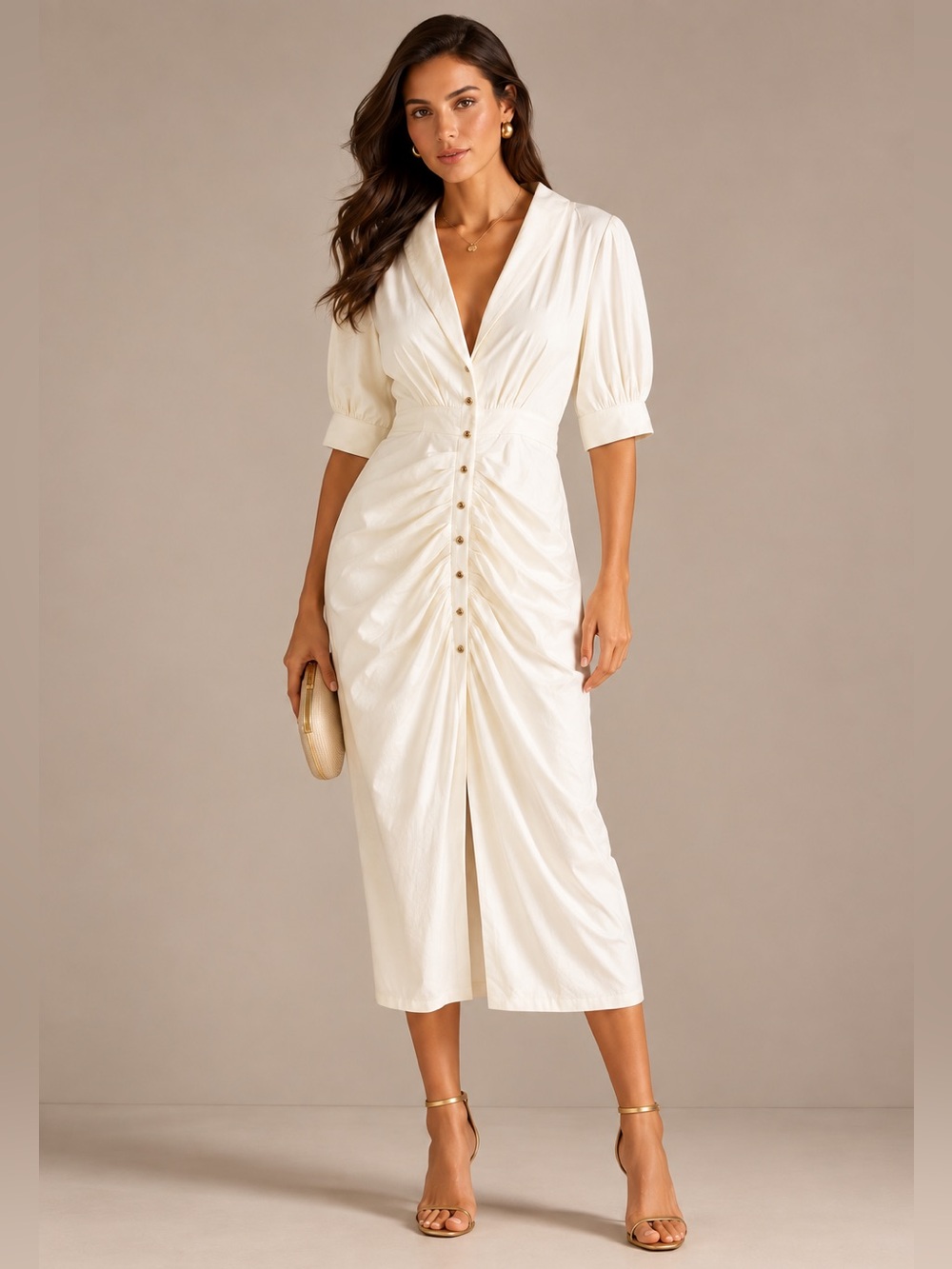 Modesees Ivory Ruched Button Front Puff Sleeve Midi Dress NWT Large.